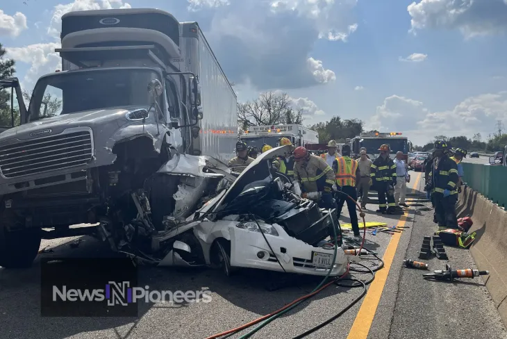 A scene depicting the aftermath of an I-95 car accident, highlighting the dangers of highway travel.