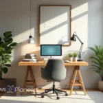 Functional home office space with ergonomic chair, organized desk, and natural lighting for optimal productivity.