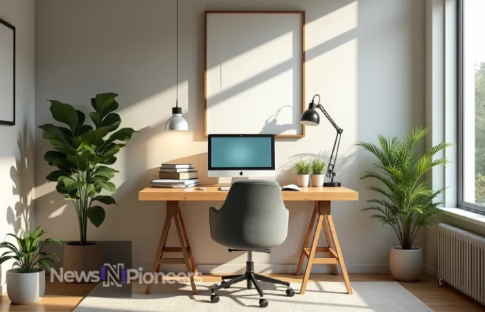 Functional home office space with ergonomic chair, organized desk, and natural lighting for optimal productivity.